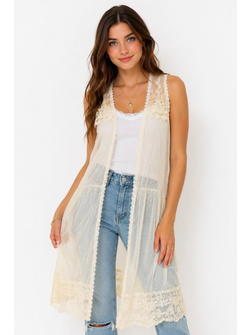 NorthStyle Ivory Lace Mesh Boho Duster Vest Floral Embroidered Romantic Sz Larg